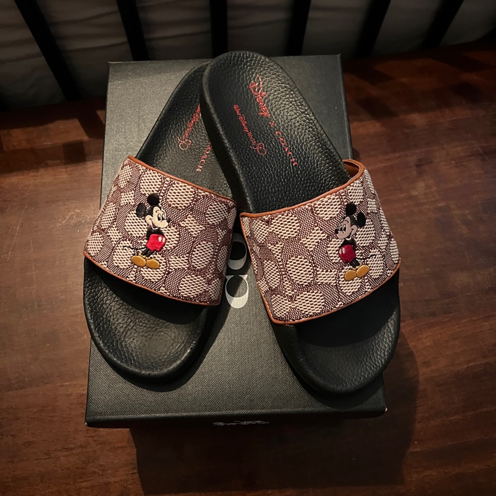 Coach Black and Brown Mickey Mouse Sandals